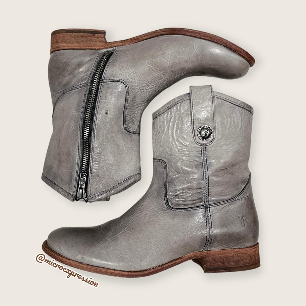 $369 Frye Melissa Button Short Grey Leather Pull On Casual Zip Up Ankle Boot